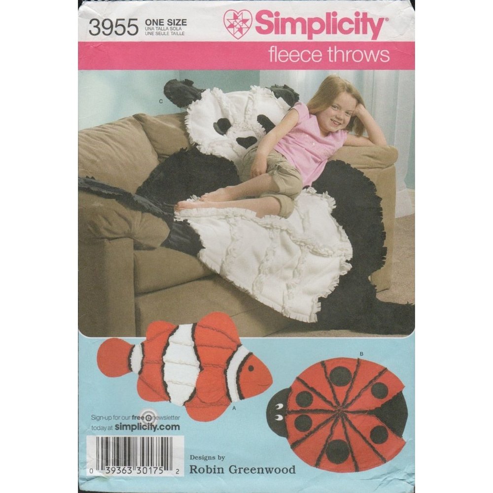 Simplicity 3955 Animal Fleece Throw Pattern Panda, Ladybug, Clown Fish Uncut
